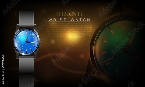 vector illustration blue color wrist watch on dark golden color glittering background,3d illustration template.