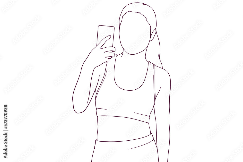 Young fitness girl holding a smartphone, posing and taking a photo. Hand drawn vector illustration Young fitness girl holding a smartphone, posing and taking a photo. Hand drawn vector illustration