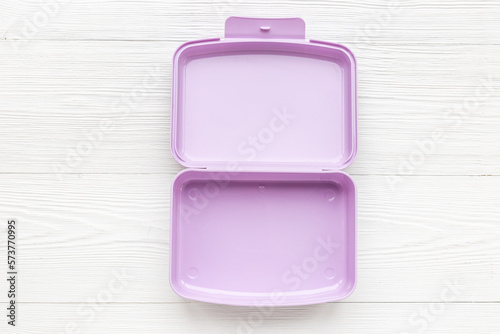 Purple lunch box. Empty container for food, top view