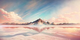 beautiful white mountain landscape panorama with pink water and pastel clouds created with generative ai