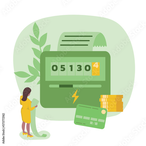 Sustainability vector illustration in flat style. Energy efficiency in household and industry. Person checks heating meter and calculates household utility bill. Home energy efficiency audit concept.
