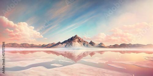 beautiful white mountain landscape panorama with pink water and pastel clouds created with generative ai