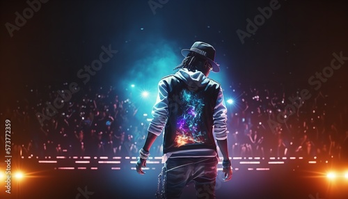 Hip-hop performer in generative AI artwork live performances under show lights. Generative Ai. © Concept Killer
