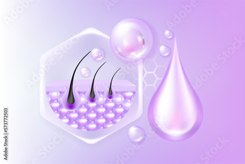 Hyaluronic acid hair and skin solutions ad, purple collagen serum drop into skin cells with cosmetic advertising background ready to use, illustration vector.	