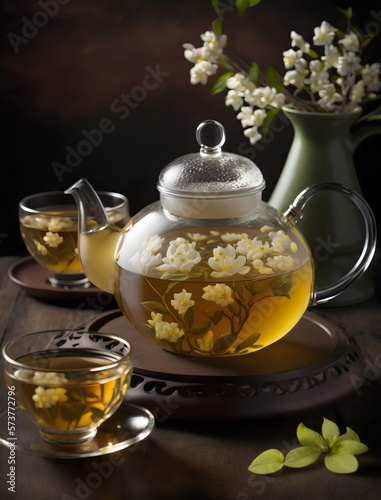 jasmine tea in glass teapot with vase of flowers in the morning, made with generative ai