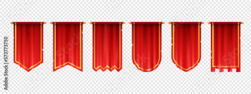 Blank vertical medieval flag mockup game design. Isolated 3d red hanging pennon on transparent background. Royal or knight vintage pennant with golden border, ragged or tattered edge, various shapes