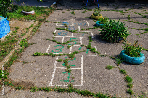 Backyard markings for hopscotch. Background with selective focus photo