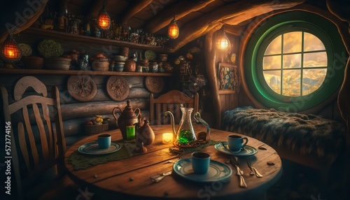 Interior of a wooden cottage from a hobbit, with food on the table. Generative Ai. photo