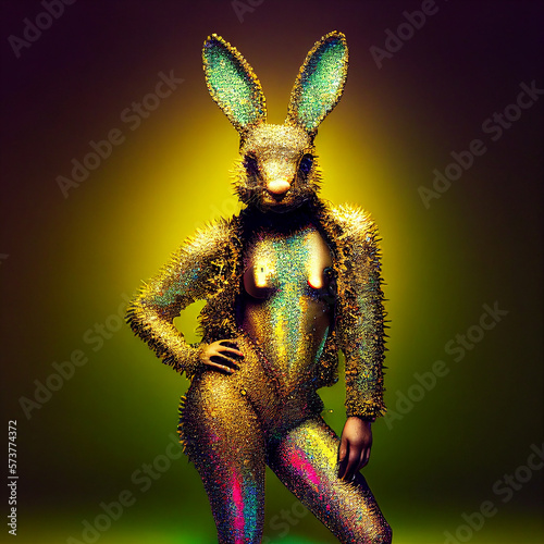 Fotografia Realistic lifelike rabbit hare bunny sexy in disco neon glitter bright outfits,