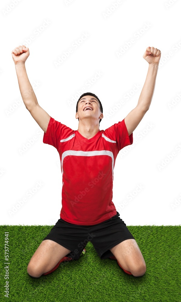 Professional football player shouting after goal with happiness Professional football player shouting after goal with happiness