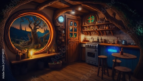 3D illustration of a Hobbit house interior, inside fantasy wooden hut in forest. Generative Ai.