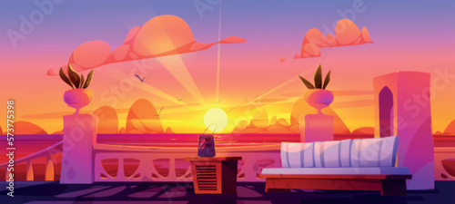 View from hotel terrace at sunrise over seawater. Vector cartoon illustration of beautiful evening seascape, seagulls flying in orange sky, wooden couch on mediterranean balcony Tropical island resort