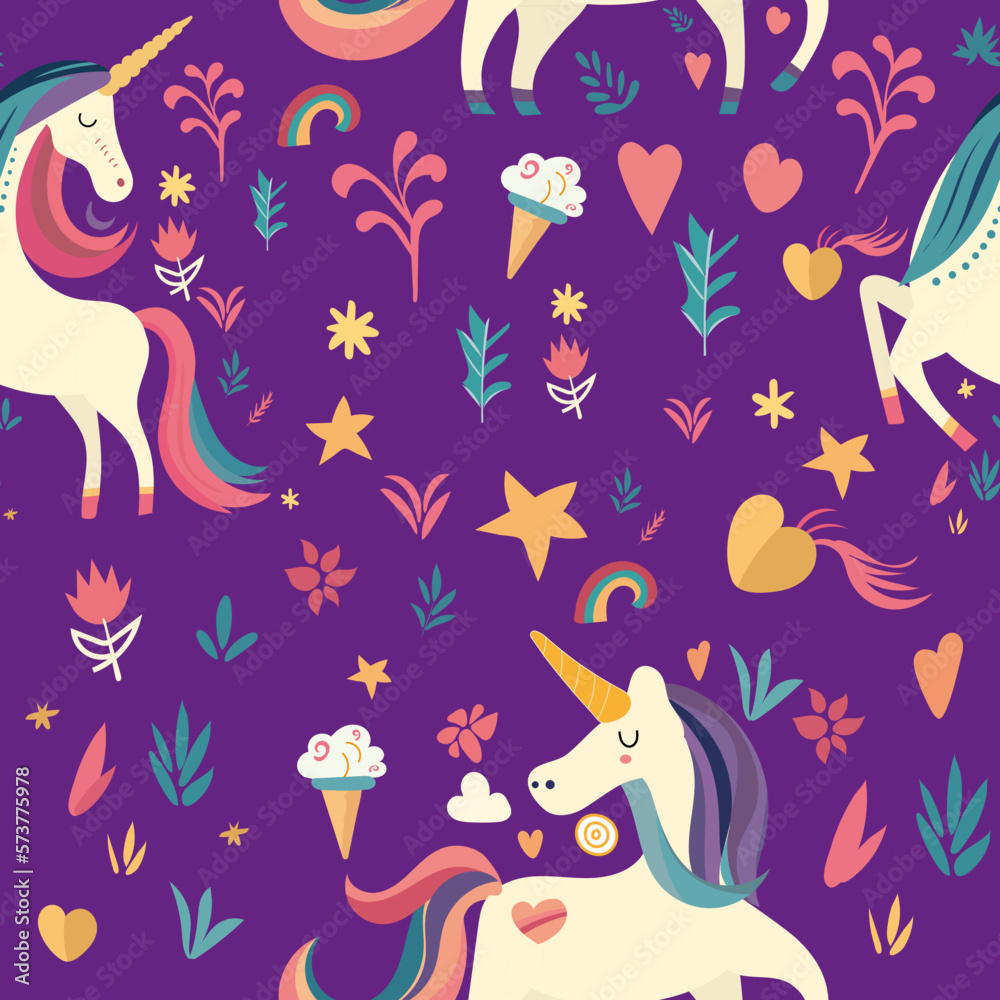 Ilustración vectorial, patrón de repetición con unicornios de fantasía y elementos decorativos para diseño, impresión, fondo, adorno, papel tapiz