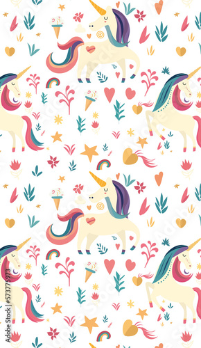 Ilustración vertical con fondo transparente, con unicornios de fantasía y elementos decorativos para diseño 