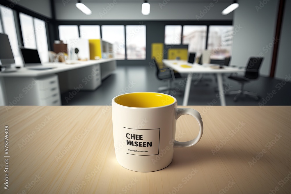 Yellow coffee cup on empty white wooden table Yellow coffee cup on empty white wooden table