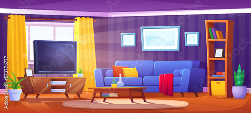Cartoon living room interior with sofa and tv. Sunlight from window in apartment. Television, couch with plaid, pot and carpet inside flat. Bookcase near coffee table in lounge area of house.
