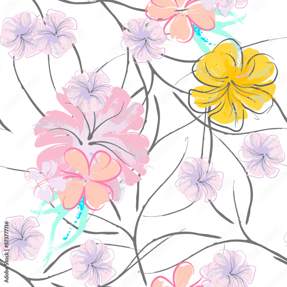 Pink Flowers Blooming Pattern. Pastel Watercolor. Pink Flowers Blooming Pattern. Pastel Watercolor.