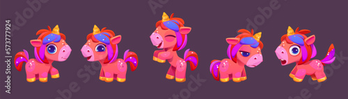 Set of cute rainbow unicorns isolated on background. Vector cartoon illustration of nice pony character with horn happy, smiling, jumping, playing, sad, surprised or scared. Sweet fairy tale animal