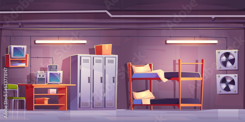 Secret underground safety shelter room interior cartoon game background. Bunker for hiding from nuclear bomb. Modern reliable capsule with monitor and radio, bunk bed vector illustration.