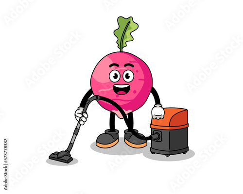 Character mascot of radish holding vacuum cleaner