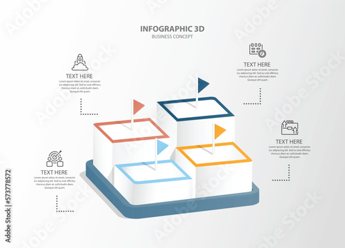 3D infographic design 4 options or steps. Isometric 3d corporate timeline infograph elements. Company presentation slide template.