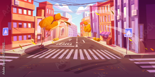 Autumn day city crossroad with wind cartoon background. Vector falling leaves on urban road near market and museum illustration. Modern building facade near vegetable store with awning on junction.