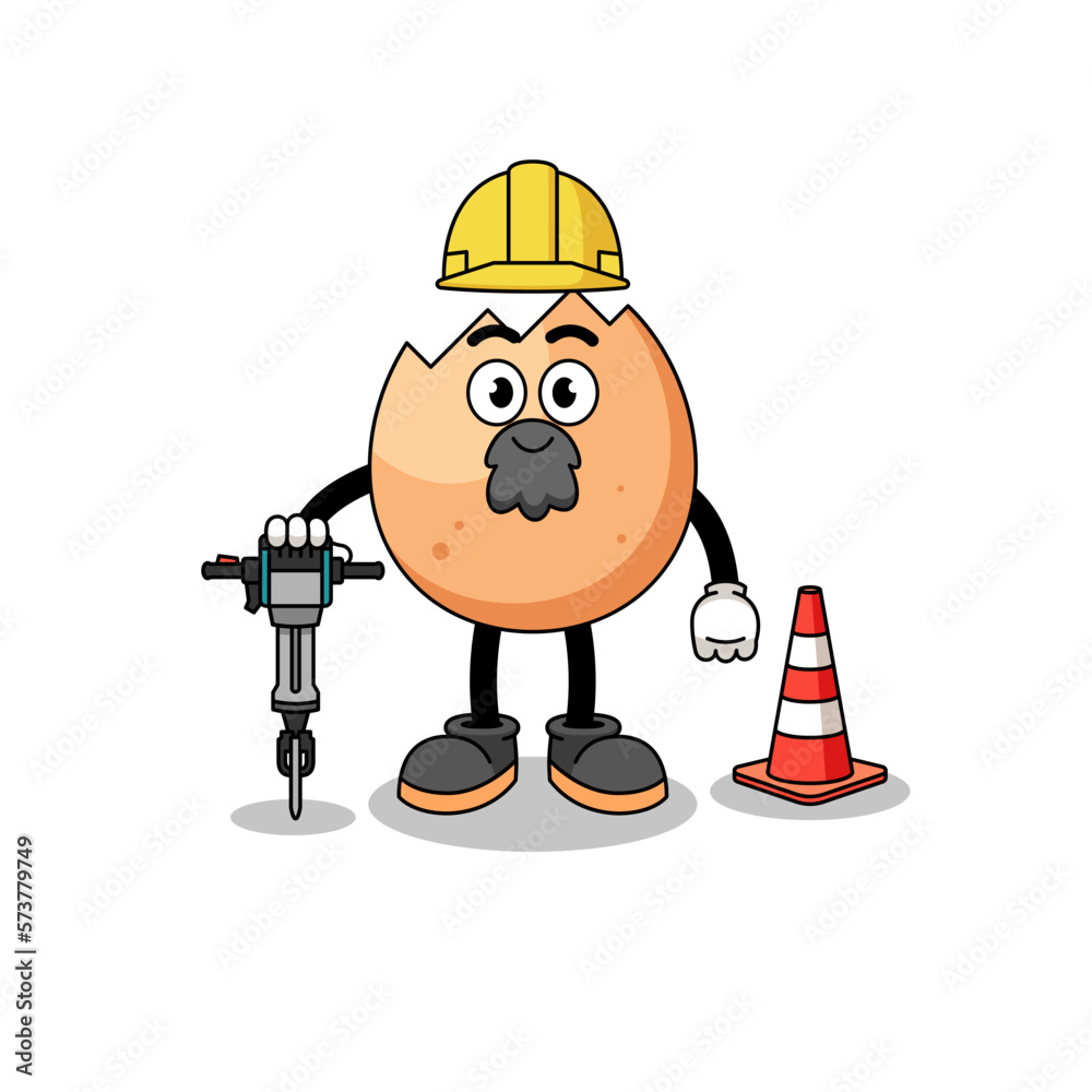 Character cartoon of cracked egg working on road construction Character cartoon of cracked egg working on road construction