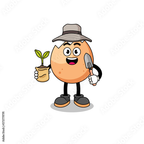 Illustration of cracked egg cartoon holding a plant seed