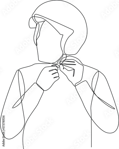 Continuous one line drawing happy boy wearing helmet before riding motor bike. Safety ride concept. Single line draw design vector graphic illustration.