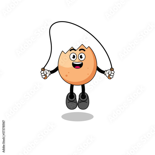 cracked egg mascot cartoon is playing skipping rope