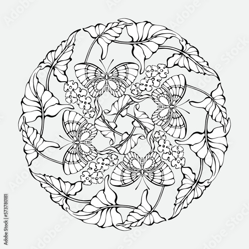Floral outline mandala with butterflies and plants. Coloring page. Vector.