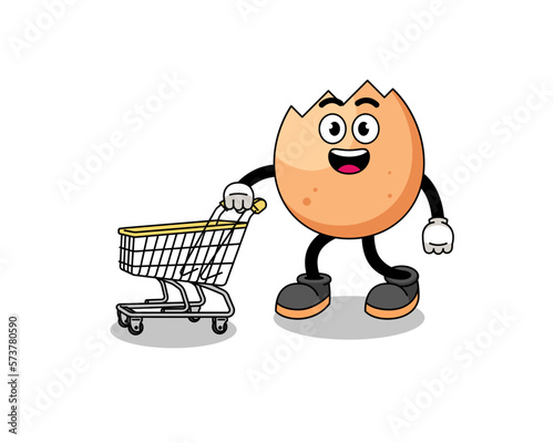 Cartoon of cracked egg holding a shopping trolley