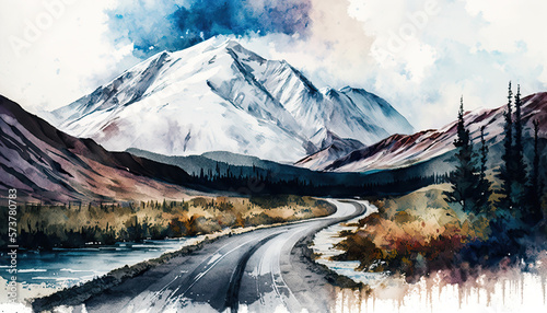 Mountain Road in Denali National Park in remote wilderness of Alaska.  An illustration created with Generative AI artificial intelligence technology
 photo