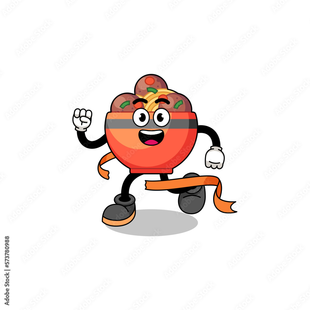 Mascot cartoon of meatball bowl running on finish line Mascot cartoon of meatball bowl running on finish line