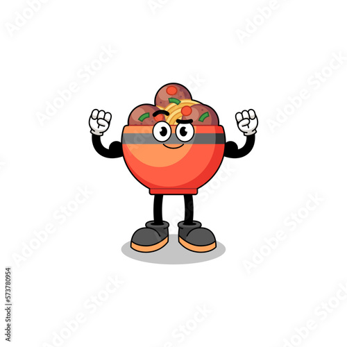 Mascot cartoon of meatball bowl posing with muscle