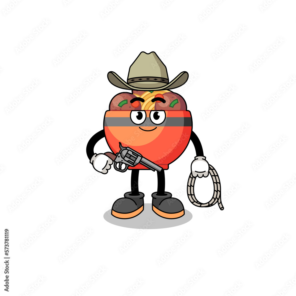 Character mascot of meatball bowl as a cowboy