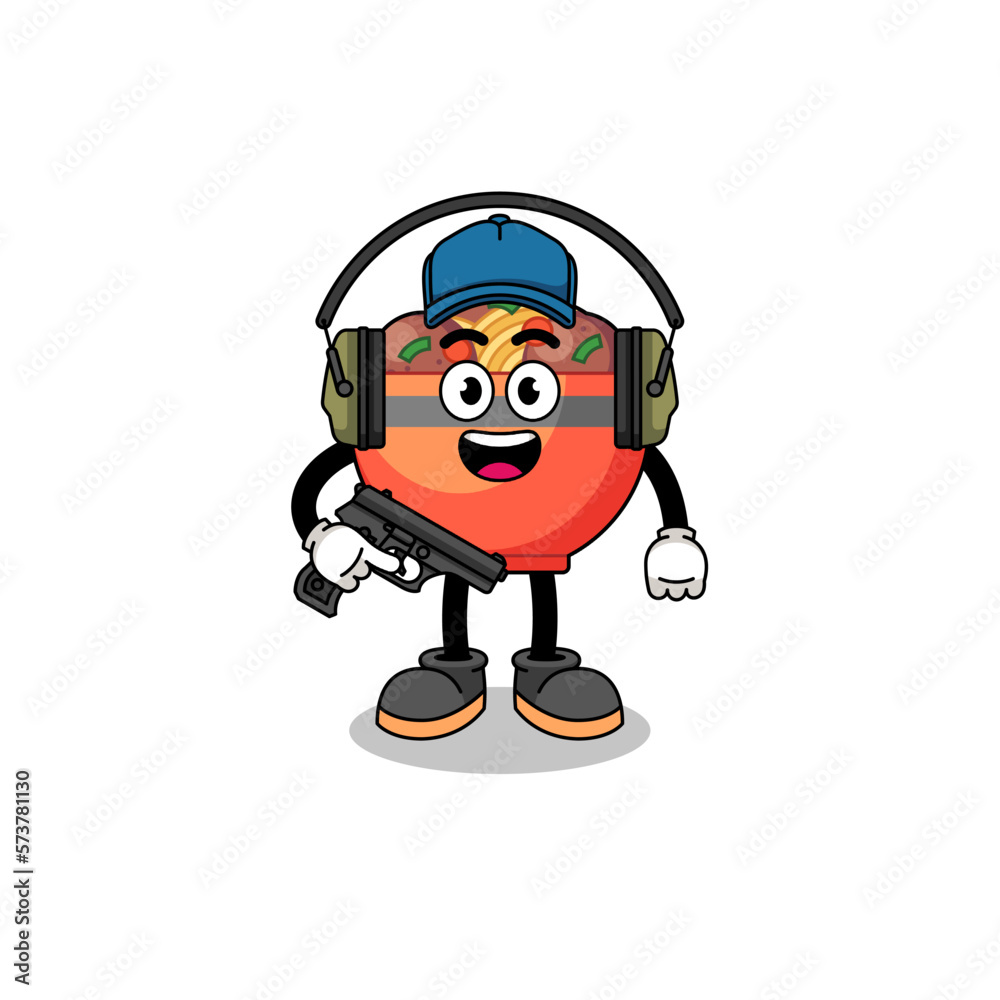Character mascot of meatball bowl doing shooting range
