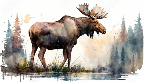Moose Watercolor Vibrant Art for postcard or poster in  forest wild scenery. An illustration created with Generative AI artificial intelligence technology © KatrinYork