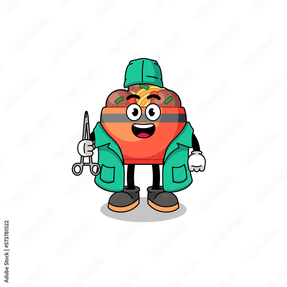 Illustration of meatball bowl mascot as a surgeon