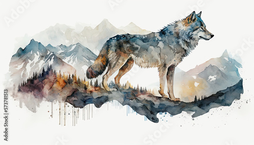 Beautiful Alaskan Wolf portrait in Alaska Mountain Landscape in Watercolor illustration created with Generative AI artificial intelligence technology
