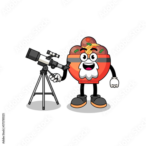 Illustration of meatball bowl mascot as an astronomer