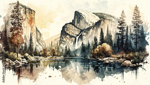 Yosemite Valley in Watercolor Painting with Half Dome, Waterfall and El Capitan.  An illustration created with Generative AI artificial intelligence technology
 photo