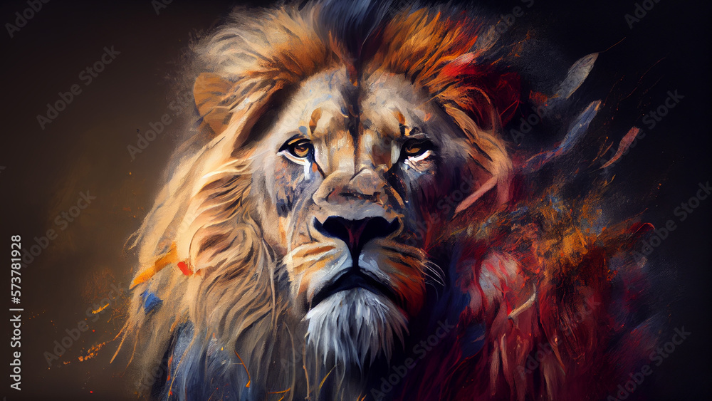 Fototapeta Beautiful lion with red feathers on a dark background. Digital painting.