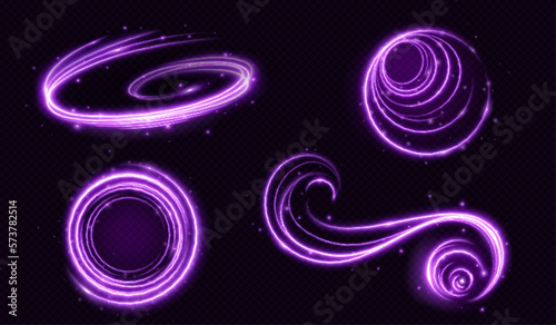 Realistic set of purple light motion effects isolated on transparent background. Vector illustration of magic neon swirl, wave, abstract curve sparkling with shiny particles. Luminous energy speed