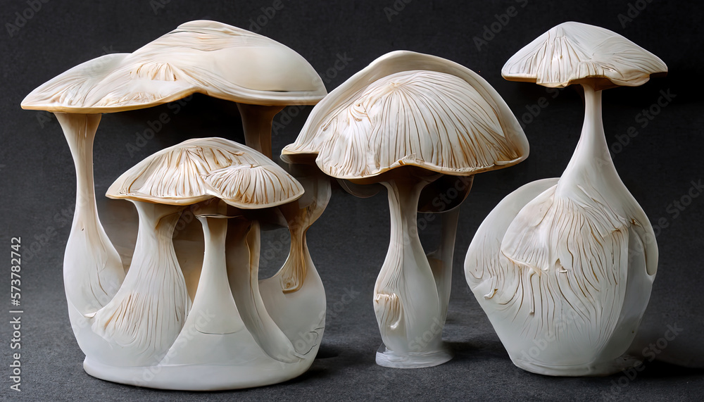 Exceptional 3D Group of mushrooms in plastic containe. Generative Ai