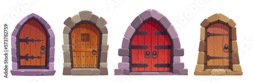 Set of dungeon or castle closed door for game vector illustration. Cartoon isolated entrance collection made of stone and wood. Antique asset for palace, church doorway exterior. Building brick entry