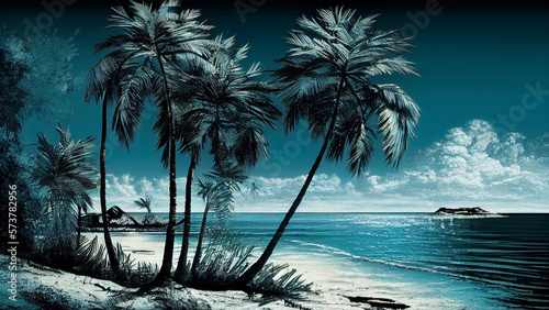 Tropical beach with palm trees. Collage. Toned.