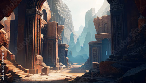 Stunning ancient city of stone inside a gray granite canyon, fusion of star wars and gothic revival architecture with natural volumetric lighting. Generative ai illustration