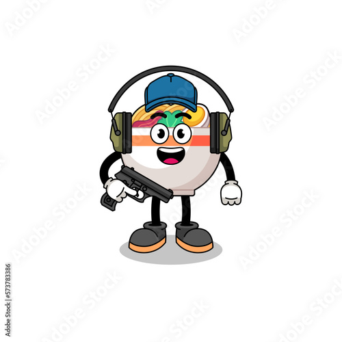 Character mascot of noodle bowl doing shooting range