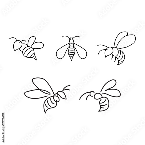 Honeybee line art clipart set. Linear collection of doodle bees. Vector illustration isolated on white background. Simple hand drawn beekeeping design elements.